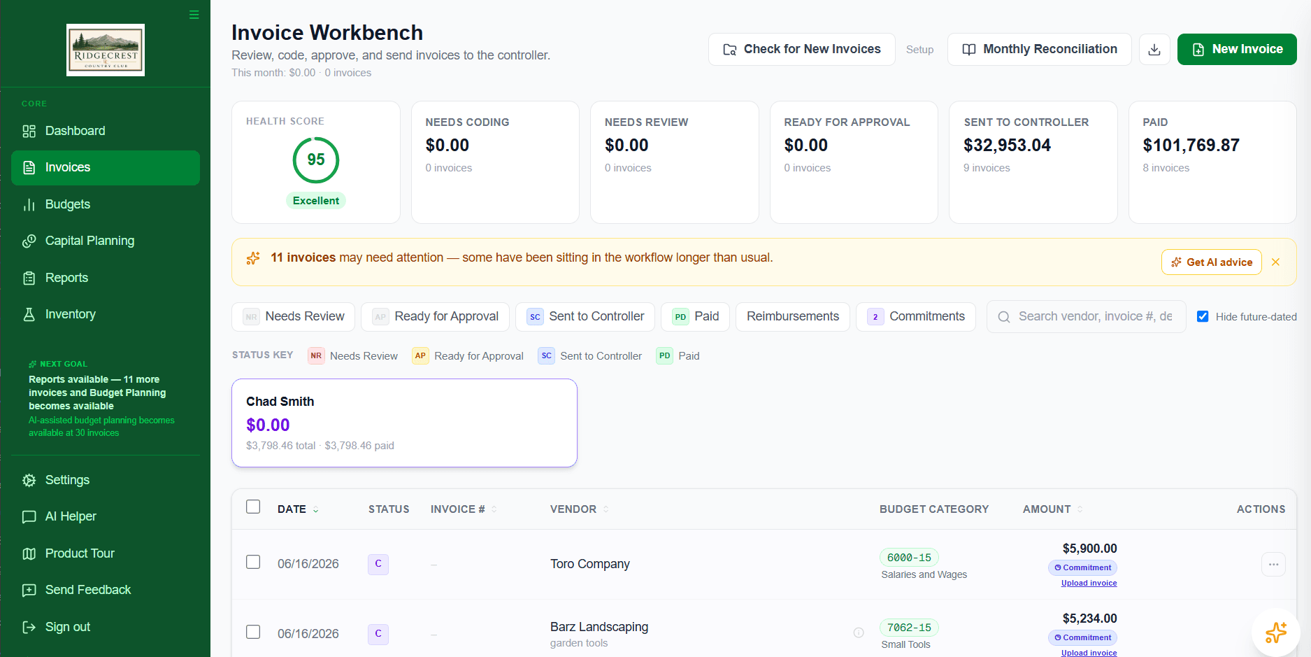 GroundsLedger Invoice Workbench screenshot