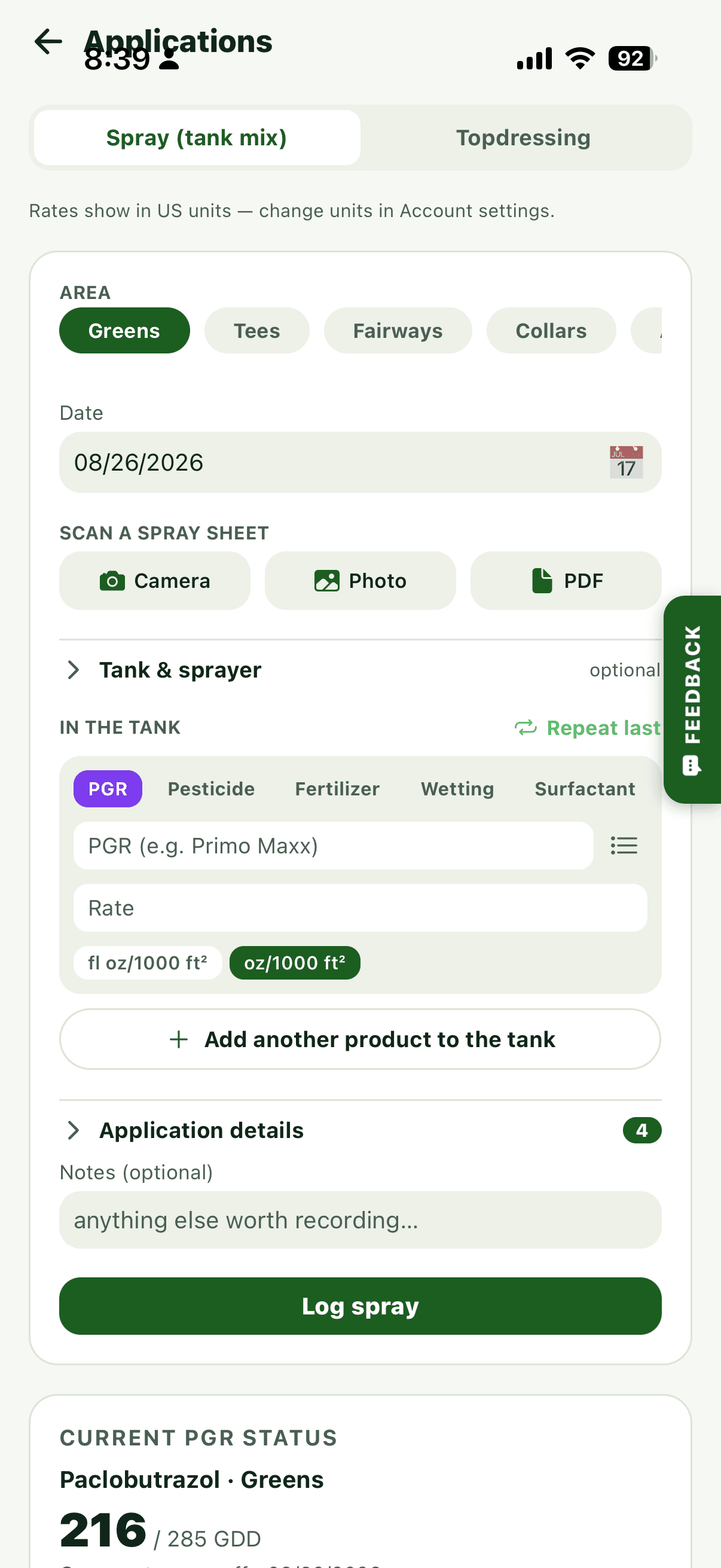 TurfPath spray application form showing management area selection, tank mix products, application rate, and current PGR growing-degree-day status