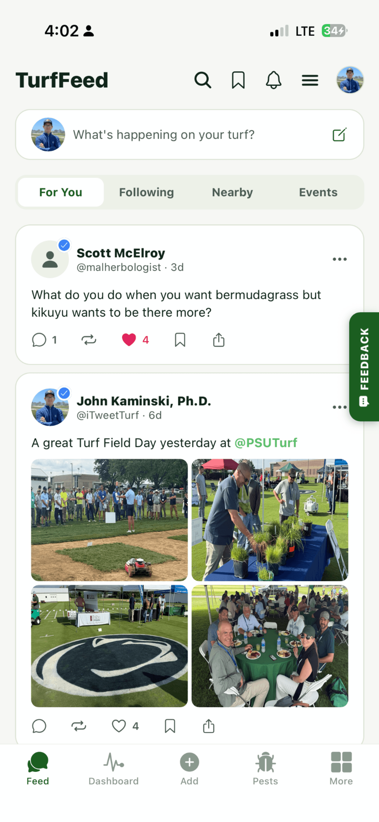 TurfFeed community feed with pest reports and discussion from other turf professionals