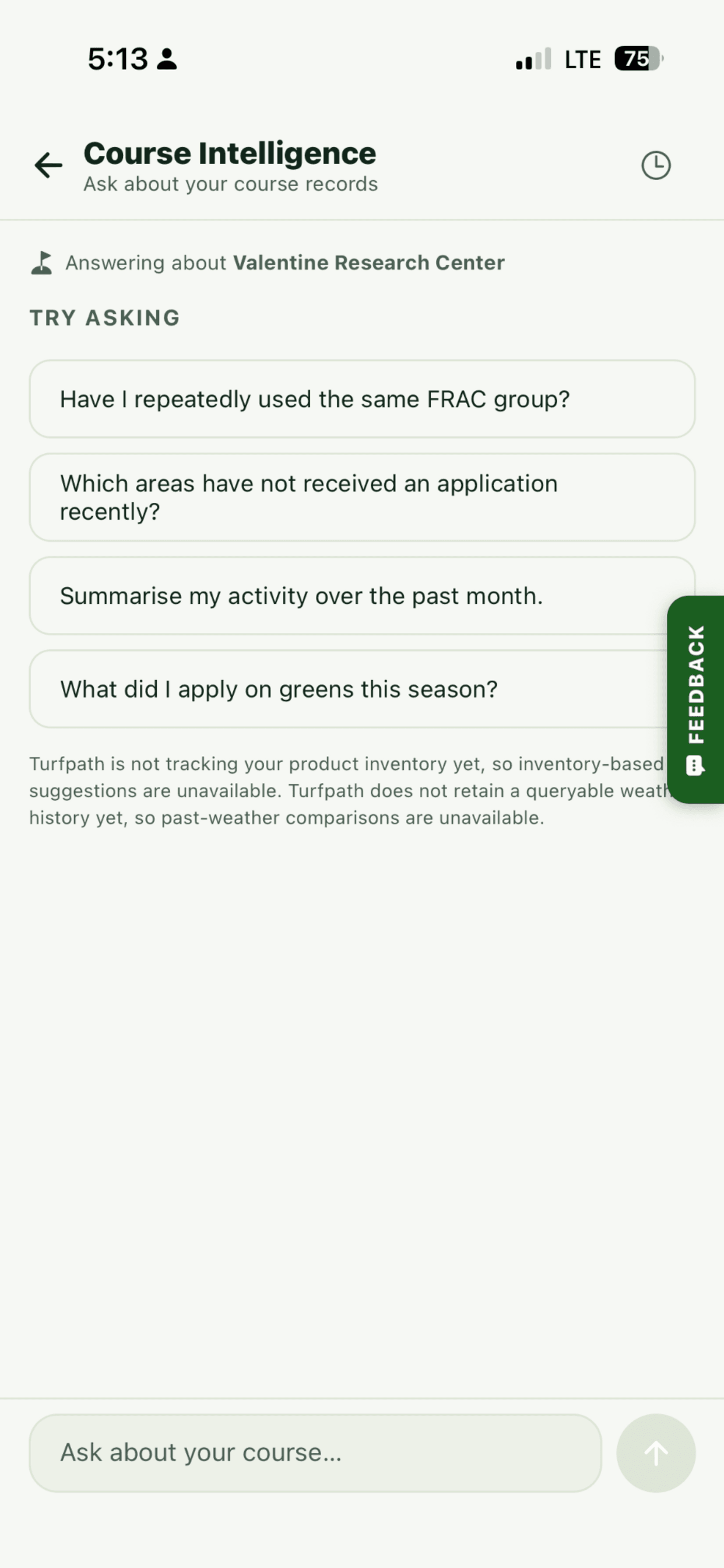 TurfPath Course Intelligence screen with suggested questions about FRAC group use and course activity